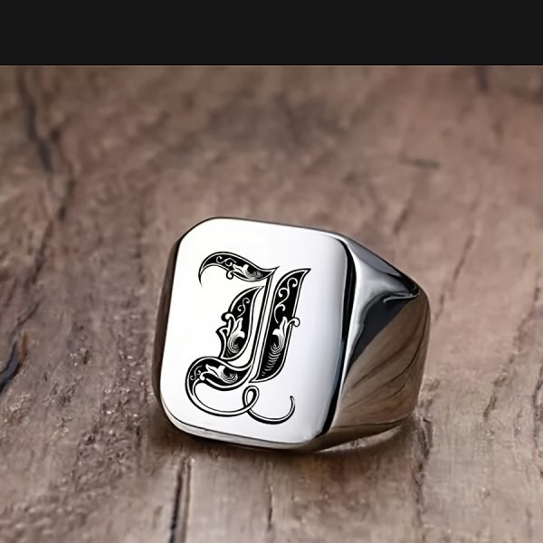 1pc Fashion Trendy 26 Letters Men's Square Stainless Steel Ring - Image 12