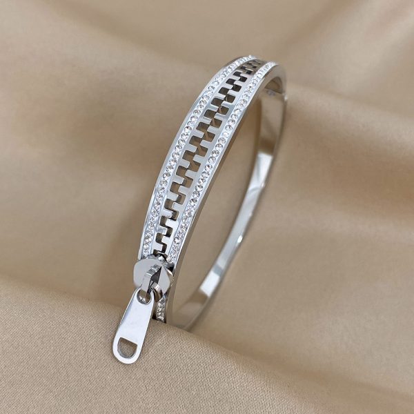 Stunning Gemstone Embellished Stainless Steel Waterproof Zipper Style Bracelet - Luxurious Jewelry for Men and Women - Rust Resistant, Durable, and Stylish Accessory - Image 7