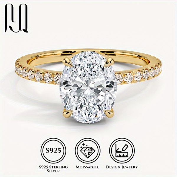 PYQ Elegant Oval Moissanite Engagement Ring, 3ct Center Stone, 0.29ct Accents, 925 Sterling Silver, 18K Golden Plated, Synthetic, April Birthstone, for Daily & Wedding Occasions, with Certificate & Black Card - All Seasons Compatible
