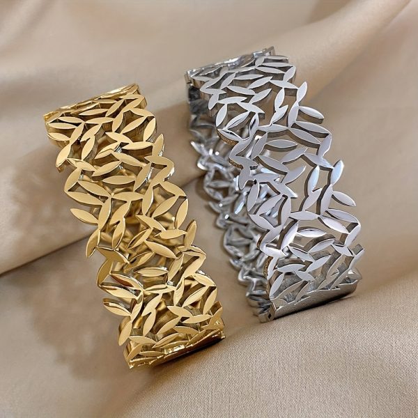 1pc Elegant Leaf-Design Wide Stainless Steel Cuff Bracelet - Unisex Statement Accessory for Casual & Formal Wear - Image 6