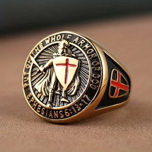 1pc Men's Bold Stainless Steel Knight Shield Ring - Medieval Inspired, Symbol of Protection, Perfect for Stylish Everyday Wear