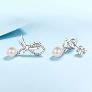 Freshwater Pearl1Pair Freshwater Pearl S925 Sterling Silver Earrings, Bowknot Sweet Temperament Atmospheric Simple High-End Design Jewelry