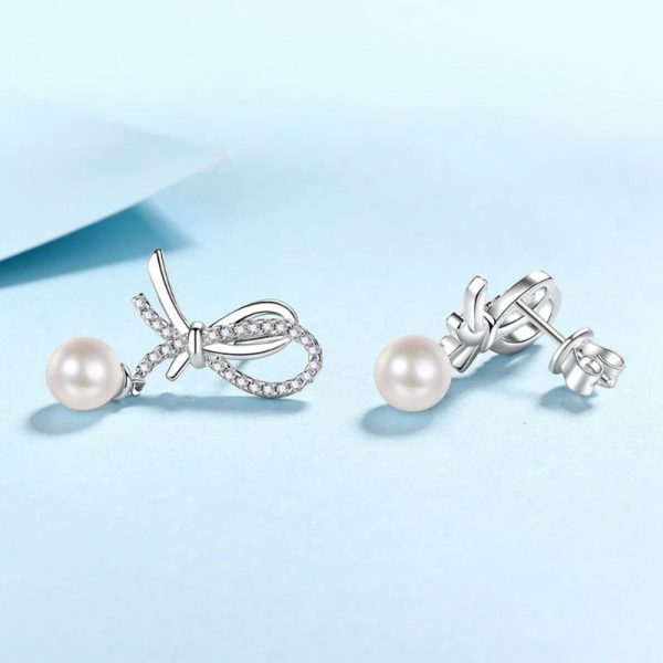 Freshwater Pearl1Pair Freshwater Pearl S925 Sterling Silver Earrings, Bowknot Sweet Temperament Atmospheric Simple High-End Design Jewelry