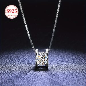 Luxurious 925 Silver Moissanite Pendant Necklace - Elegant Chain Jewelry for Daily Wear with Sparkling Decoration and Gift Box Included