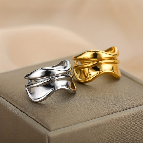 Geometric Wave Open Ring, Stainless Steel Golden Plated Ring for Women - Image 8