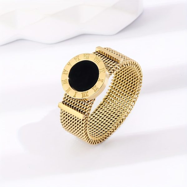 14K Gold Plated Roman Numerals Black Shell Strap Ring For Women Girls Daily Wear - Image 2