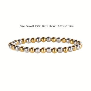 1pc Two-Tone Fashion Stainless Steel Silvery Golden Round Bead Stretchable Massage Beaded Bracelet - Adjustable, Hypoallergenic, Water-Resistant, Gift-Worthy Accessory for Men and Women