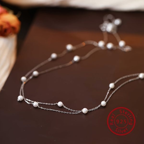 1pc Exquisite S925 Sterling Silver Double Layer Shell Pearl Necklace - Elegant Collarbone Chain with Luminous Pearls and Delicate Craftsmanship - Perfect Gift for Women on Birthday, Mother's Day, Valentine's Day - Image 3