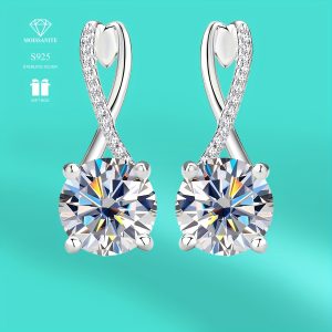 2 Carat Moissanite Sterling Silver Earrings, 18K Gold Plated, 6g 925 Silver, Elegant & Sexy Design, Ideal for Engagement, Wedding, Confession, Gift for Loved Ones, Christmas Party Essential