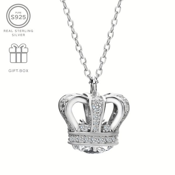 Elegant S925 Sterling Silvery Crown Pendant Necklace with Cubic Zirconia - Perfect Gift for Birthdays & Holidays, Fashion Accessory - Image 6