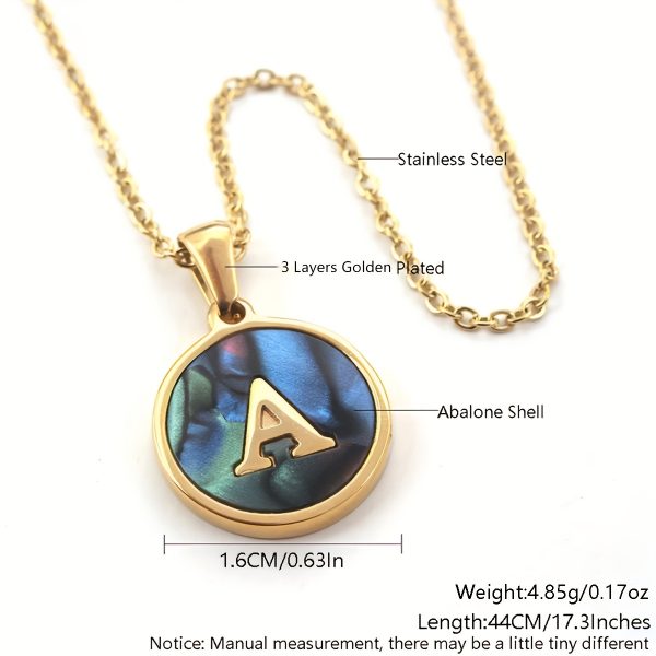 26-Letter Stainless Steel Round Abalone Pendant Necklace for Women - 18K Plated Jewelry with Personalized English Alphabet Letter Charm - Durable, Hypoallergenic, and Nickel-Free Accessories for Women's Everyday Wear - Image 7