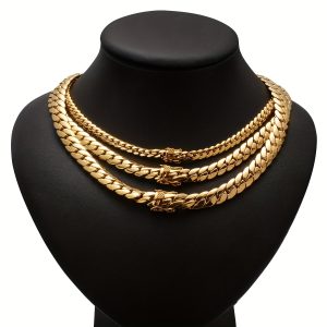 2pcs Stainless Steel Mens Golden Jewelry Set, Cuban Lion Chain Necklace and Bracelet