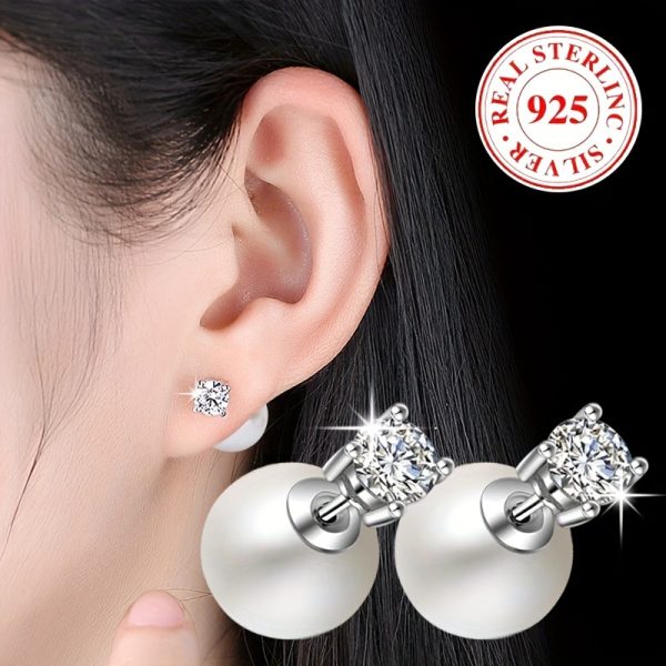Luxurious Freshwater Pearl Stud Earrings - Brass silver-plated, Hypoallergenic, Elegant Ear Jacket Design, Perfect for Wedding, Luxury Style, Female Jewelry, Durable and Long-Lasting, Easy to Wear and Comfortable - Image 2