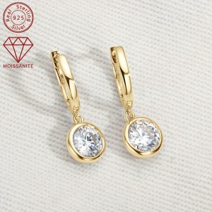 Elegant Simple Style Moissanite Drop & Dangle Earrings, 1.0ct Synthetic April Birthstone, 14K Golden Plated 925 Sterling Silver, Christmas Holiday Gift for Women - 2.52g Silver Weight, 6.5mm Stone, All-Season Wedding Jewelry