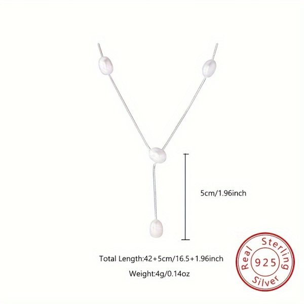 925 Sterling Silver Long Extended Chain Freshwater Pearl Tassel Y-Shaped Necklace for Women - Elegant Simple Birthday Valentine's Day Jewelry Gift - Image 4