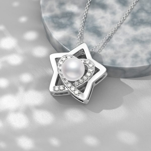 Pearl Necklace 925 Sterling Silver Star Heart Necklace, Single 6mm Freshwater Cultured Pearl Pendant For Women, Pearl Jewelry Gifts For Birthday Wedding Christmas - Image 6