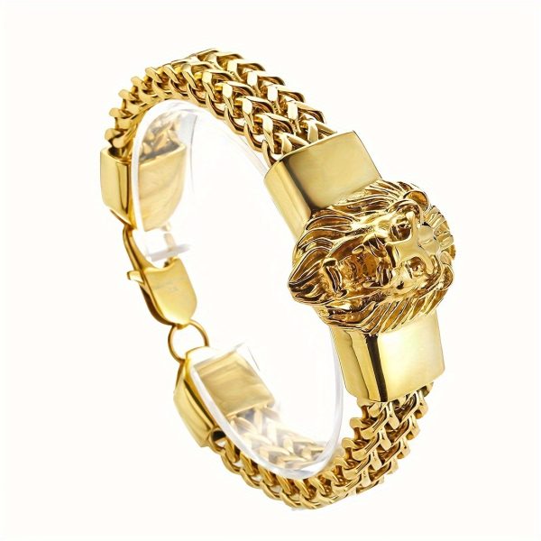 2pcs Stainless Steel Mens Golden Jewelry Set, Cuban Lion Chain Necklace and Bracelet - Image 9