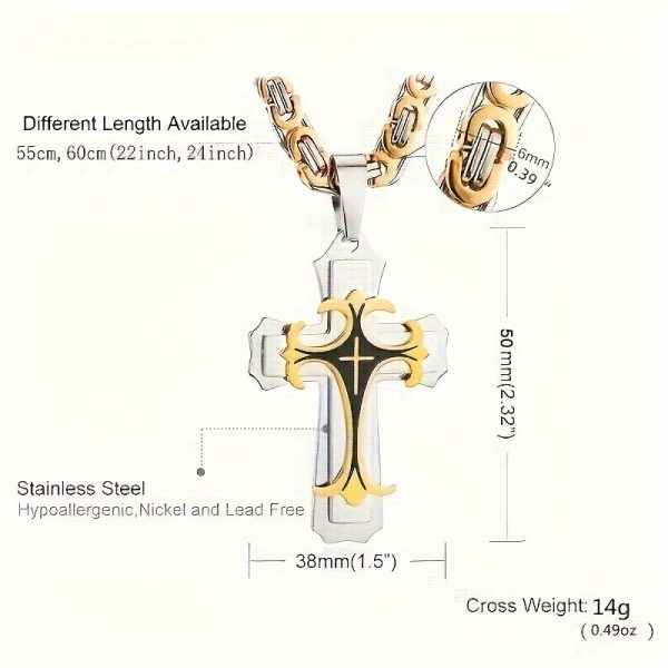1pc Vintage-Inspired Men's Flat Handmade Cross Pendant Necklace - Golden Black Stainless Steel, Hypoallergenic, Water Resistant, Perfect Father's Day Gift or Birthday Jewelry for Him - Image 5