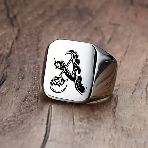 1pc Fashion Trendy 26 Letters Men's Square Stainless Steel Ring - Image 2