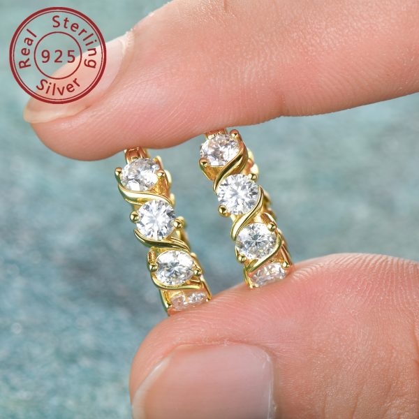 Elegant 925 Sterling Silver Hoop Earrings with 4mm Round Cut Moissanite Stones, 14K Gold Plated Hoops for Women, Synthetic April Birthstone Jewelry, Versatile for Party, Wedding & Christmas, 4.8ct Total Weight - Pair - Image 7