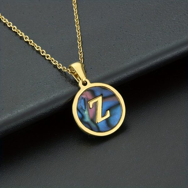 26-Letter Stainless Steel Round Abalone Pendant Necklace for Women - 18K Plated Jewelry with Personalized English Alphabet Letter Charm - Durable, Hypoallergenic, and Nickel-Free Accessories for Women's Everyday Wear - Image 36