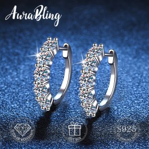 1 Pair AuraBling S925 Sterling Silver Moissanite Hoop Earrings - Hypoallergenic, Durable, and Sparkling Birthday or Holiday Gift for Her