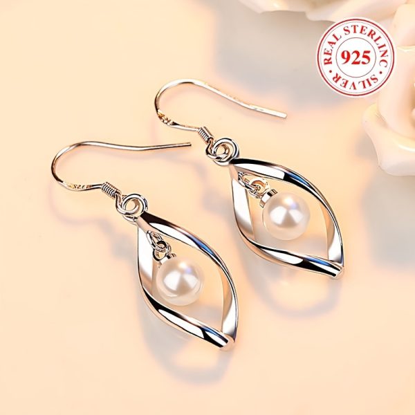 Sterling 925 Silver Freshwater Pearl Rhombus Dangle Earrings - Drop & Dangle Jewelry with Hypoallergenic, Hollow Design, Simple Luxury Style for Daily Casual Wear - Image 6
