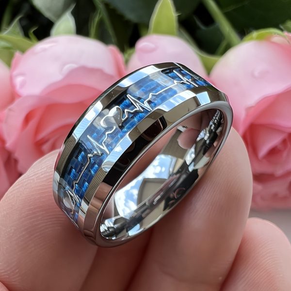 Stylish 8mm Stainless Steel Ring with Heartbeat Design & Black Carbon Fiber - Promise Ring for Weddings & Parties, Comfort Fit Sizes 6-13 - Image 2