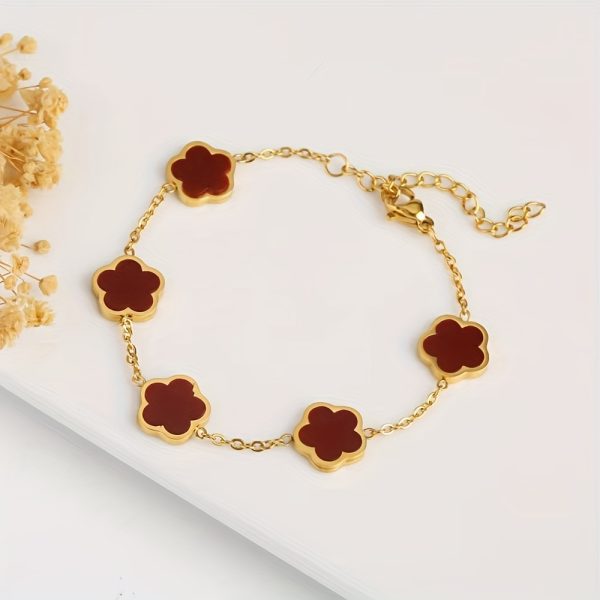 18K Gold Plated Flower Design Stainless Steel Bracelet, Elegant Floral Style Hand Decor Bracelet Jewelry Gift - Image 5