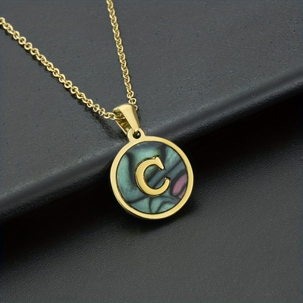 26-Letter Stainless Steel Round Abalone Pendant Necklace for Women - 18K Plated Jewelry with Personalized English Alphabet Letter Charm - Durable, Hypoallergenic, and Nickel-Free Accessories for Women's Everyday Wear - Image 8