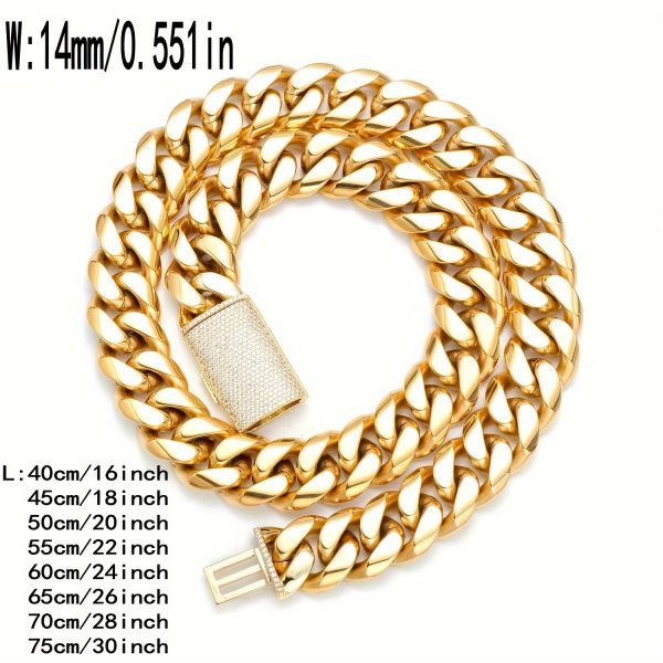 2pcs Thick Hip Hop Jewelry Set - Stainless Steel Cuban Link Chain Necklace and Bracelet for Men - 14MM Buckle, Durable, Shine Finish, Fashionable - Image 3