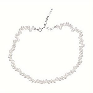 Elegant S925 Sterling Silvery Freshwater Pearl Necklace - Unique Baroque Style, Short Irregular Clavicle Chain For Women, White Golden Finish