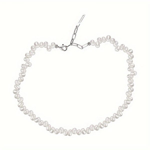 Elegant S925 Sterling Silvery Freshwater Pearl Necklace - Unique Baroque Style, Short Irregular Clavicle Chain For Women, White Golden Finish
