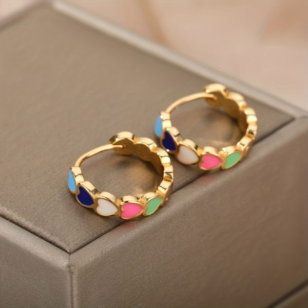 1 Pair Boho Stainless Steel Golden Plated Multicolor Heart Shaped Hoop Earrings For Men - Image 4