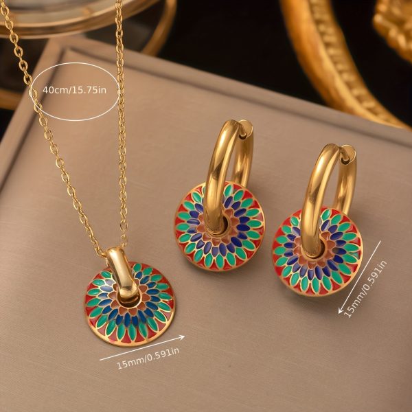 3pcsu002Fset Golden Stainless Steel Bohemian Daisy Pattern Necklace and Earring Jewelry Set for Men and Women - Trendy Boho Chic Accessories - Hypoallergenic and Durable Jewelry Set for Everyday Wear - Image 3