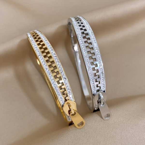 Stunning Gemstone Embellished Stainless Steel Waterproof Zipper Style Bracelet - Luxurious Jewelry for Men and Women - Rust Resistant, Durable, and Stylish Accessory - Image 4