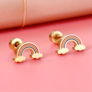 2 Pcs Minimalist Stainless Steel Rainbow Ear Studs with Screw Earrings Needles, Cute and Durable Jewelry