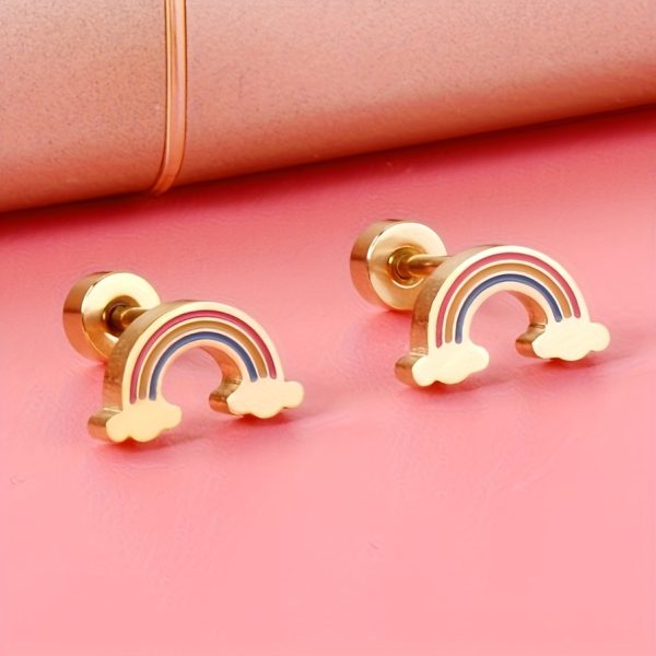 2 Pcs Minimalist Stainless Steel Rainbow Ear Studs with Screw Earrings Needles, Cute and Durable Jewelry
