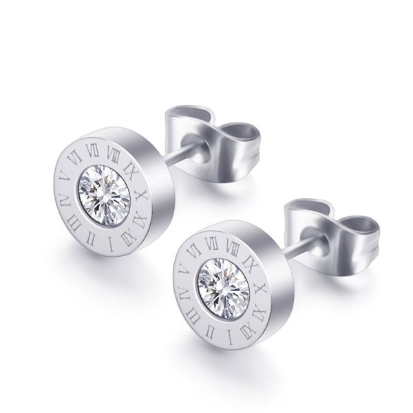 Stainless Steel Round Cut zirconia Roman Numerals Stud Earrings Silver Plated Ear Jewelry For Women Birthday Valentine's Day Gift - Image 4