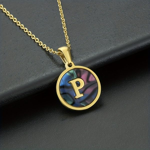 26-Letter Stainless Steel Round Abalone Pendant Necklace for Women - 18K Plated Jewelry with Personalized English Alphabet Letter Charm - Durable, Hypoallergenic, and Nickel-Free Accessories for Women's Everyday Wear - Image 26