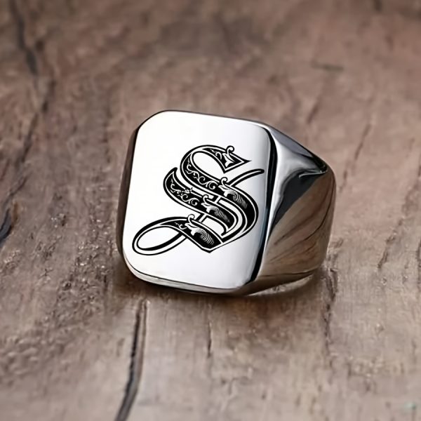 1pc Fashion Trendy 26 Letters Men's Square Stainless Steel Ring - Image 22