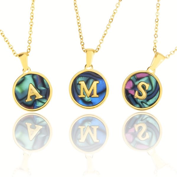 26-Letter Stainless Steel Round Abalone Pendant Necklace for Women - 18K Plated Jewelry with Personalized English Alphabet Letter Charm - Durable, Hypoallergenic, and Nickel-Free Accessories for Women's Everyday Wear - Image 18