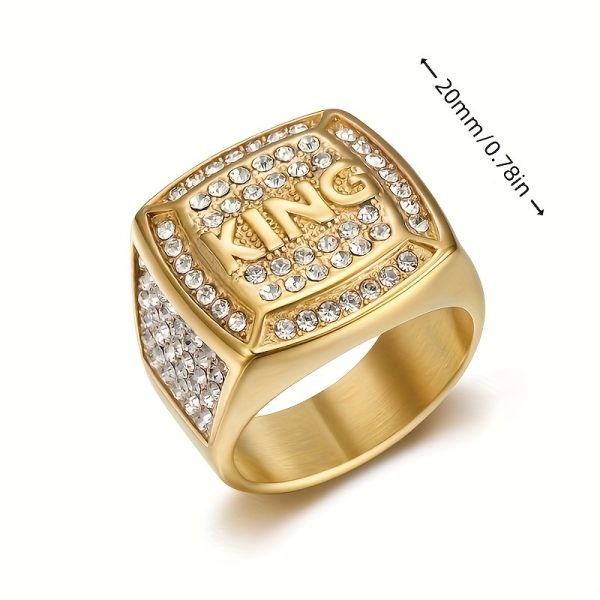 1pc 316L Stainless Steel Hip Hop Punk Style Ring, Luxurious Goldenu002FSilvery King Ring, Inlaid With Rhinestone Ring For Men, Boyfriends Gift Fashion Jewelry - Image 4