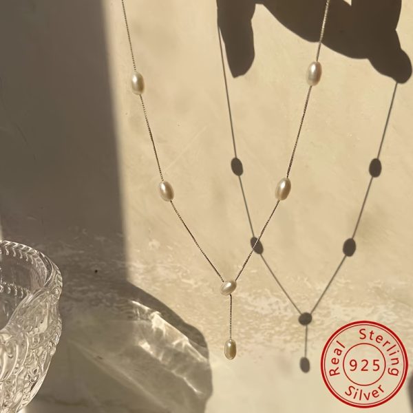 925 Sterling Silver Long Extended Chain Freshwater Pearl Tassel Y-Shaped Necklace for Women - Elegant Simple Birthday Valentine's Day Jewelry Gift - Image 7