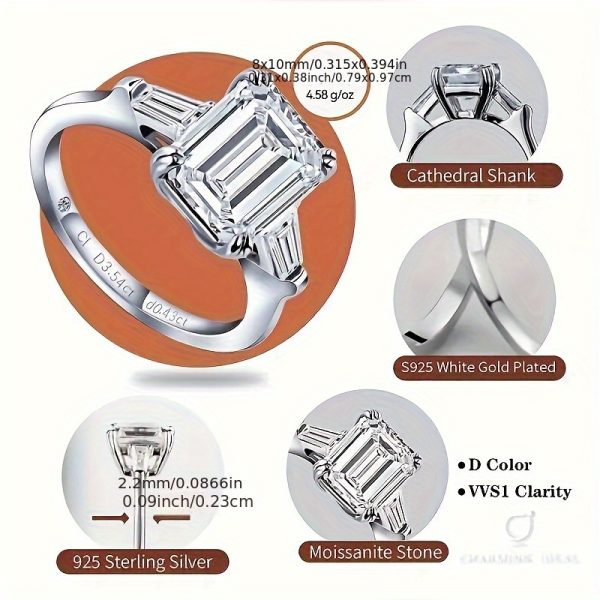 Charming Ideal Jade Cut Moissanite Ring Women' S 4ct Three Stone Moissanite Engagement Ring Sterling Silver Platinum Plated Anniversary Wedding Ring, Greystone, Moissanite - Image 8