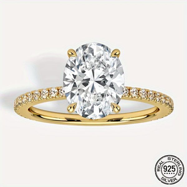 PYQ Elegant Oval Moissanite Engagement Ring, 3ct Center Stone, 0.29ct Accents, 925 Sterling Silver, 18K Golden Plated, Synthetic, April Birthstone, for Daily & Wedding Occasions, with Certificate & Black Card - All Seasons Compatible - Image 3