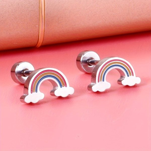 2 Pcs Minimalist Stainless Steel Rainbow Ear Studs with Screw Earrings Needles, Cute and Durable Jewelry - Image 2