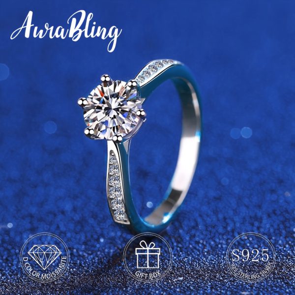 1 Carat Moissanite S925 Sterling Silver AuraBling Same Style Micro-set Six-claw Ring D Color - Image 2