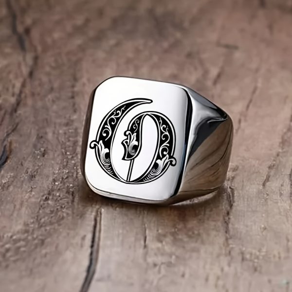 1pc Fashion Trendy 26 Letters Men's Square Stainless Steel Ring - Image 18