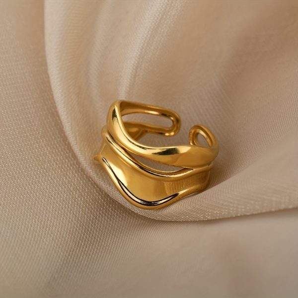 Geometric Wave Open Ring, Stainless Steel Golden Plated Ring for Women - Image 9